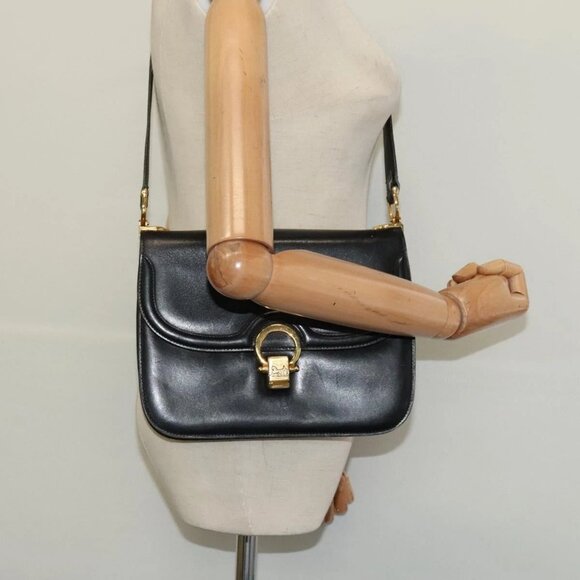 CELINE Shoulder Bag Leather Black Gold Auth - Picture 1 of 16